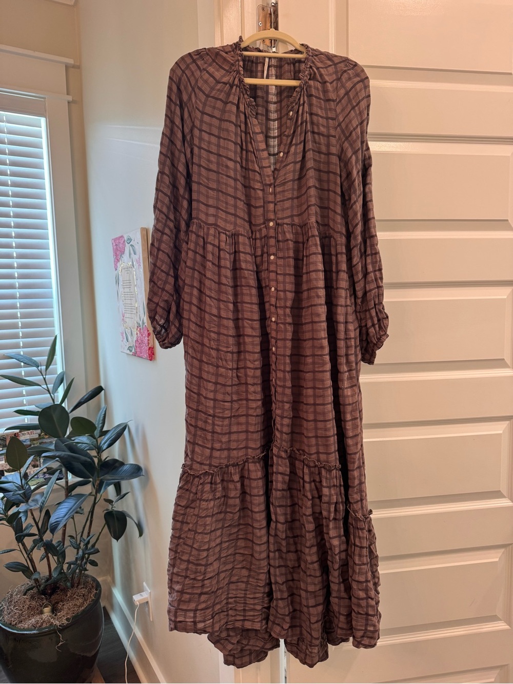 Free People Women's Mauve Plaid Button-Front Tiered Maxi Dress